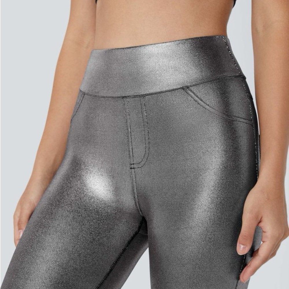 Halara SoftlyZero Faux Leather High Waisted Pocket Work Leggings Medium Silver - Picture 4 of 9